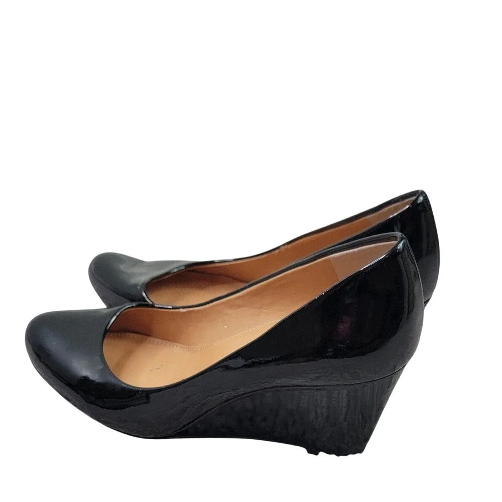 J.Crew Womens Black Patent Leather Wedge Pumps Round Toe Size 7 Professional